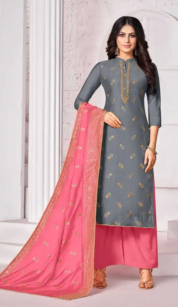 Majesty Grey Color Pure Jam Cotton Casual Wear Palazzo Salwar Suit -8400101549