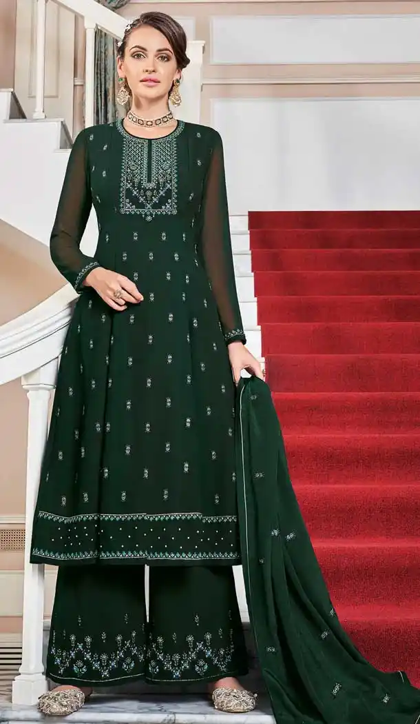 Dark Green Color Heavy Faux Georgette Party Wear Palazzo Suit -8401101550