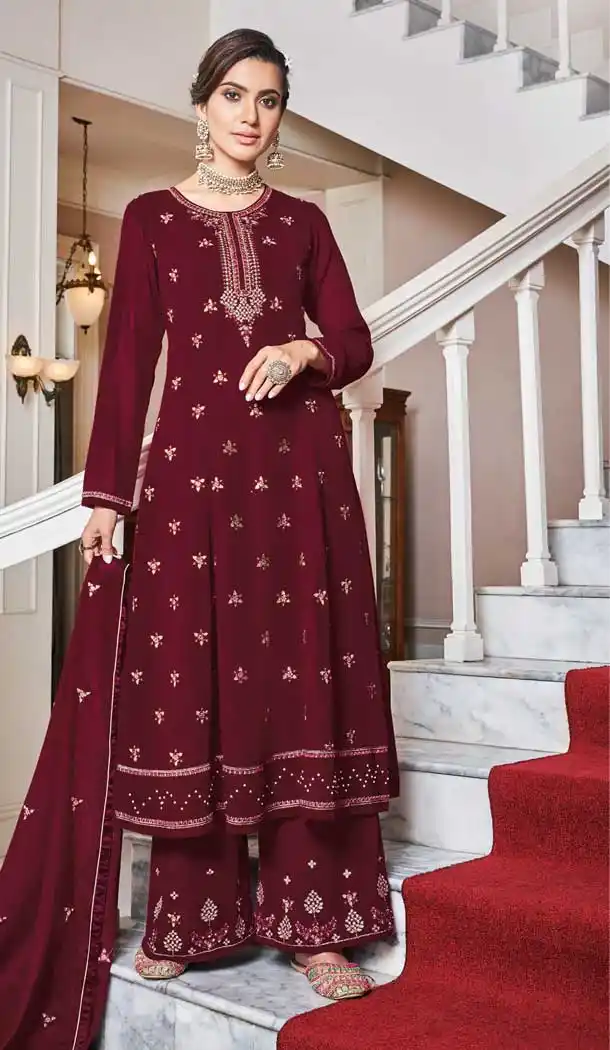 Charming Maroon Color Heavy Faux Georgette Party Wear Palazzo Suit -8401101551