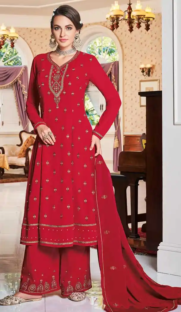 Adorable Red Color Heavy Faux Georgette Party Wear Palazzo Suit -8401101553