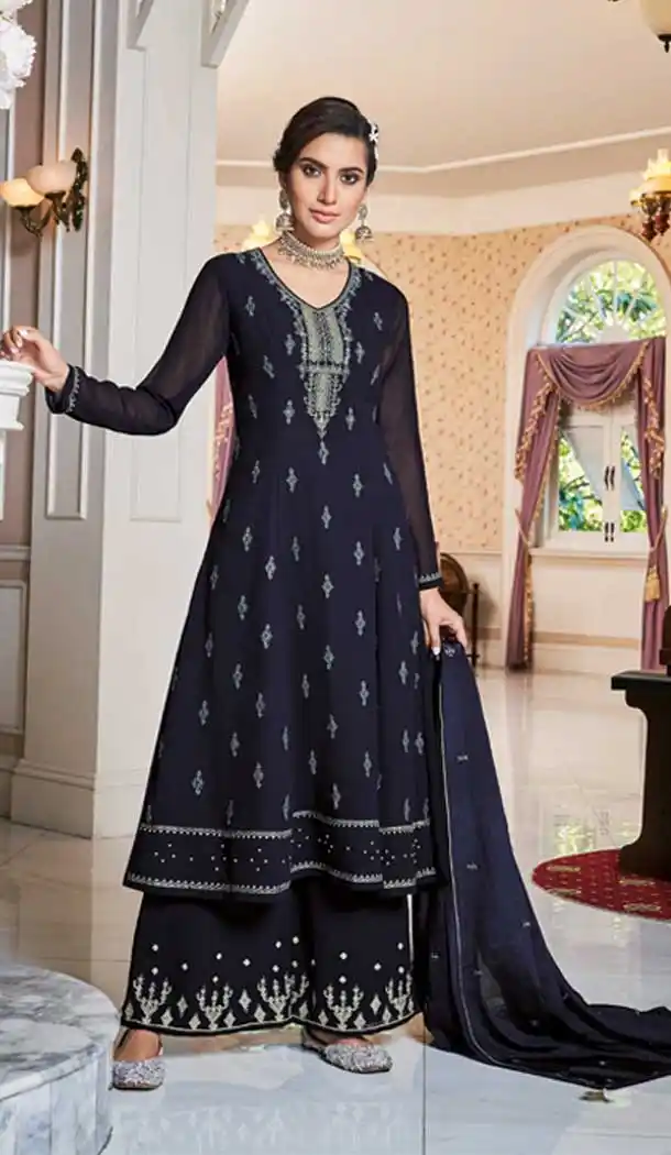 Fancy Navy Blue Color Heavy Faux Georgette Party Wear Palazzo Suit -8401101554