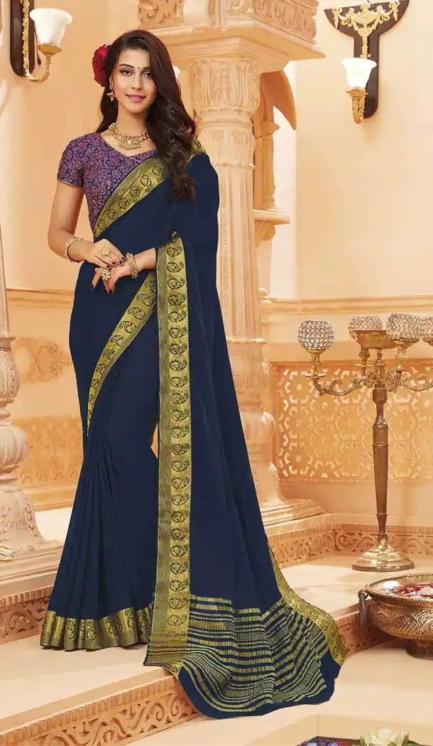 Navy Blue Color Satin Silk Traditional Festive Wear Saree Blouse -8407101665