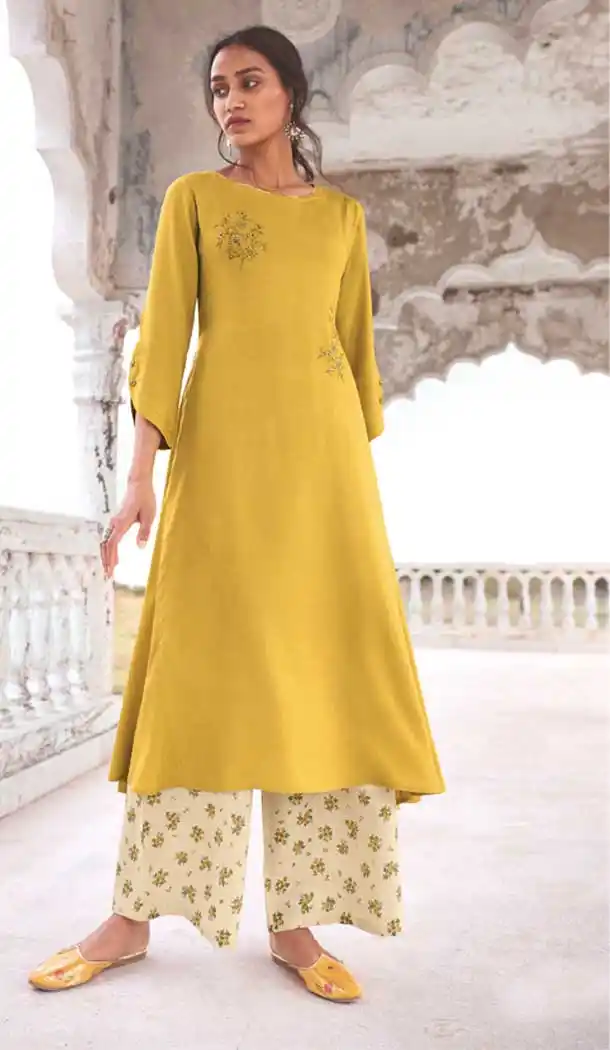 Yellow Color Super Fine Modal Khadi Readymade Kurti With Palazzo -8420101789