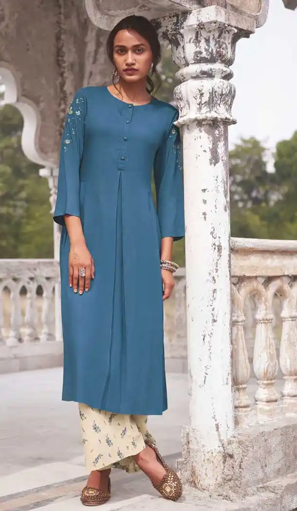 Blue Color Super Fine Modal Khadi Readymade Kurti With Palazzo -8420101791