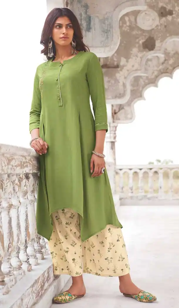 Green Color Super Fine Modal Khadi Readymade Kurti With Palazzo -8420101793