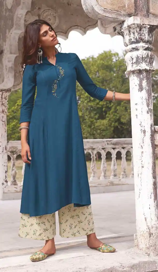 Blue Color Super Fine Modal Khadi Readymade Kurti With Palazzo -8420101795
