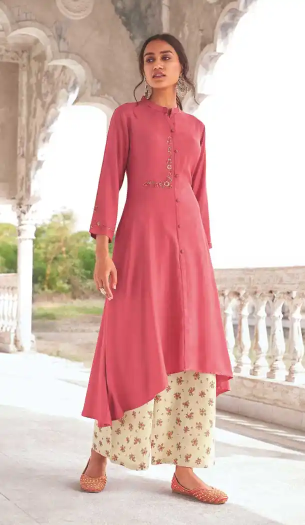 Pink Color Super Fine Modal Khadi Readymade Kurti With Palazzo -8420101796