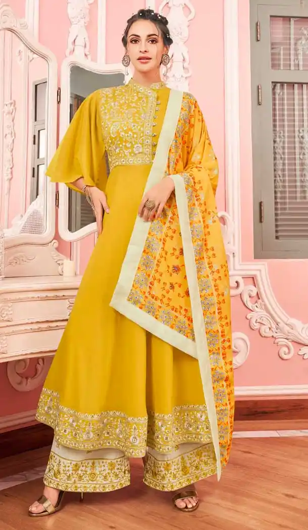 Yellow Color Maslin Designer Party Wear Readymade Palazzo Suit -8421101799