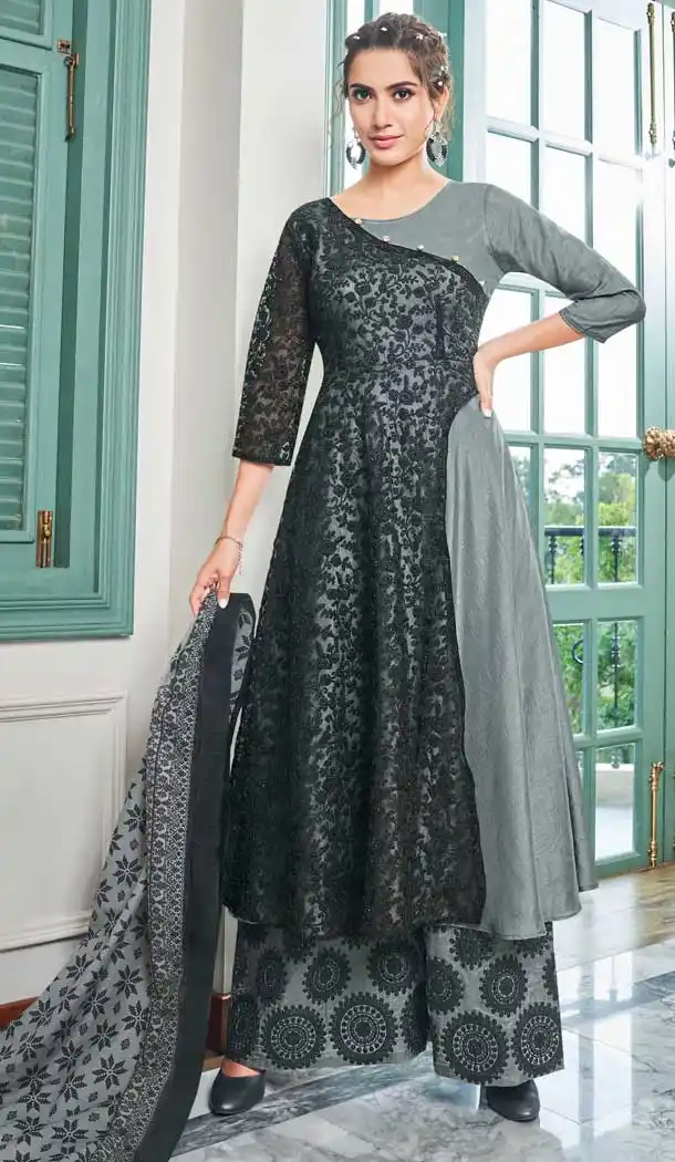 Black Grey Color Maslin Designer Party Wear Readymade Palazzo Suit -8421101800