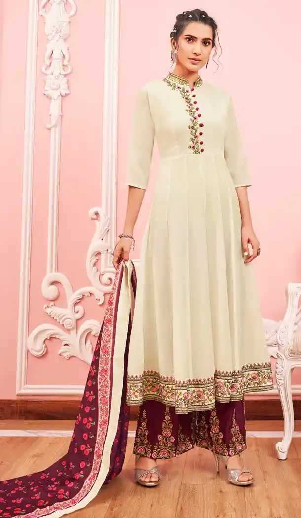 Off White Color Maslin Designer Party Wear Readymade Palazzo Suit -8421101801