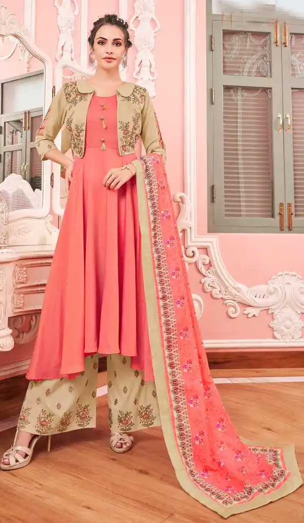 Gajari Beige Color Maslin Designer Party Wear Readymade Palazzo Suit -8421101802