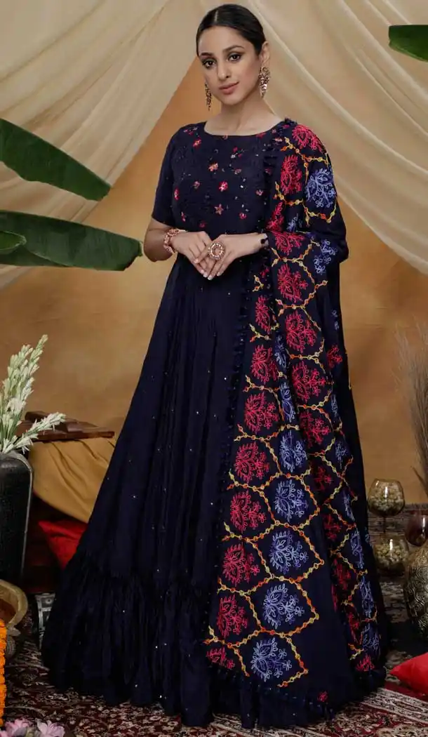 Navy Blue Color Silk Designer Party Wear Gown Suit -8431101869