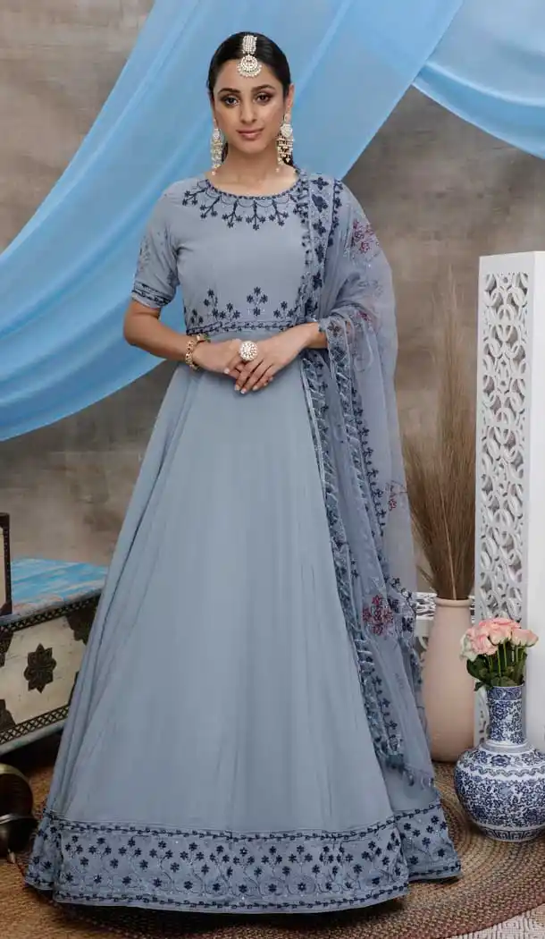 Grey Color Diamond Georgette Designer Party Wear Gown Suit -8431101870