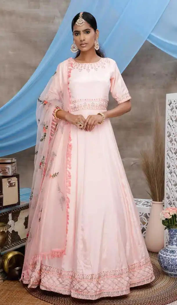 Peach Color Diamond Georgette Designer Party Wear Gown Suit -8431101872