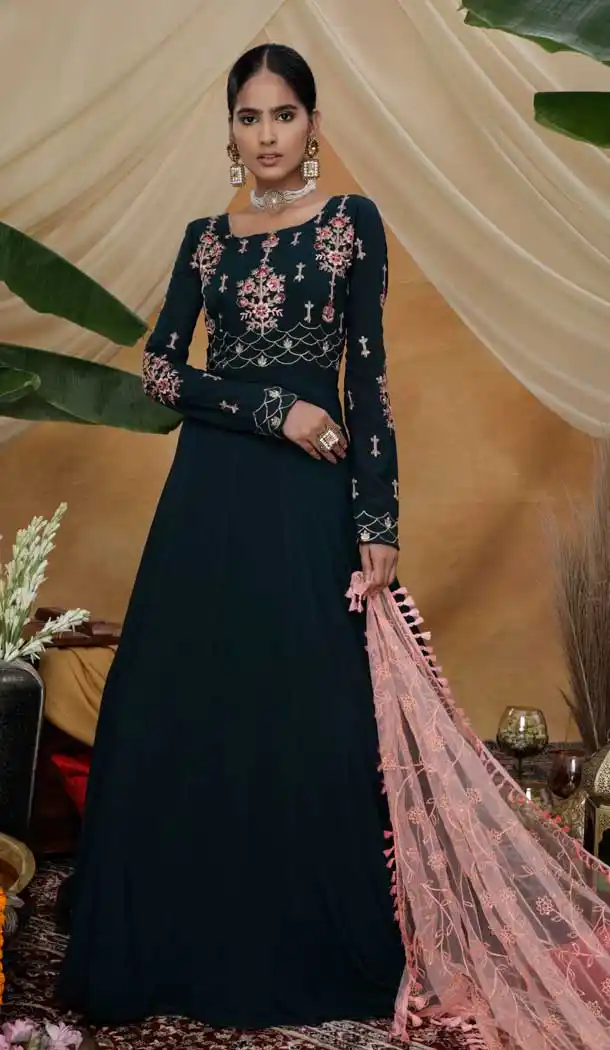Dark Steel Green Color Diamond Georgette Designer Party Wear Gown Suit -8431101873