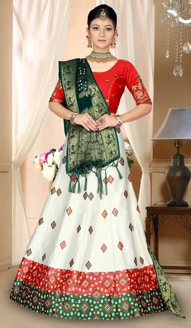 White Color Zari Satin Silk Designer Rajasthani Style Lehenga Choli -8432101876