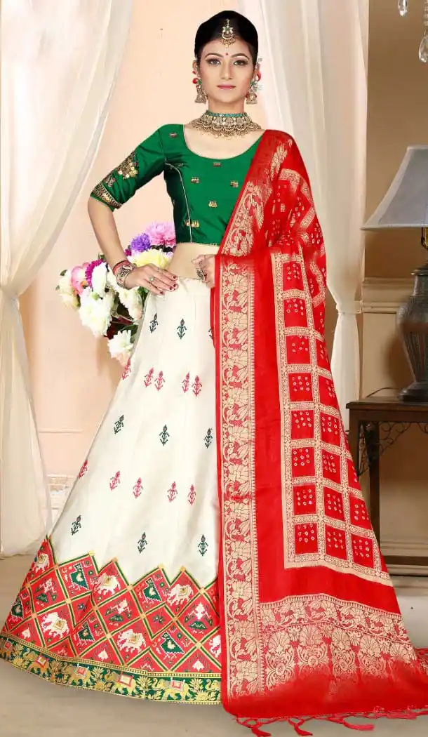 White Color Zari Satin Silk Designer Rajasthani Style Lehenga Choli -8432101879