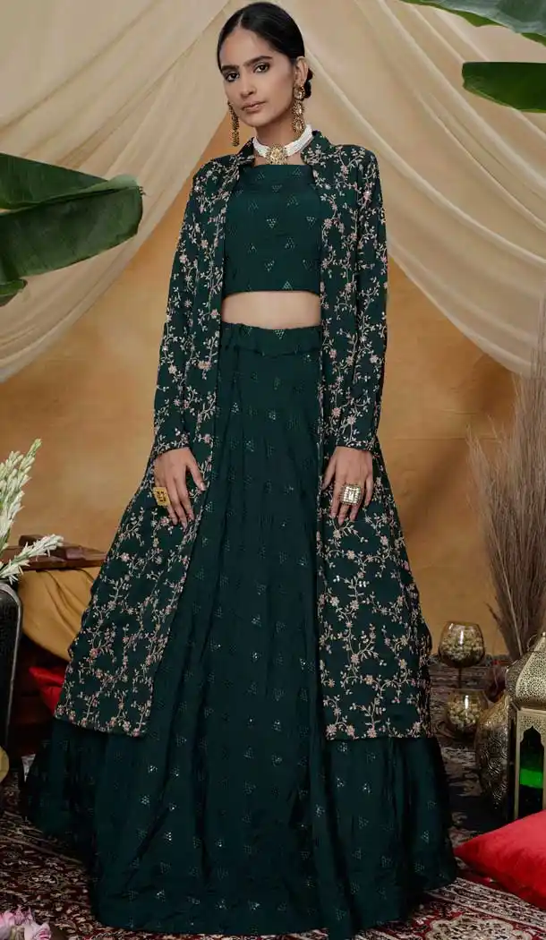 Green Color Chinon Designer Fancy Lehenga Choli With Jacket -8435101918