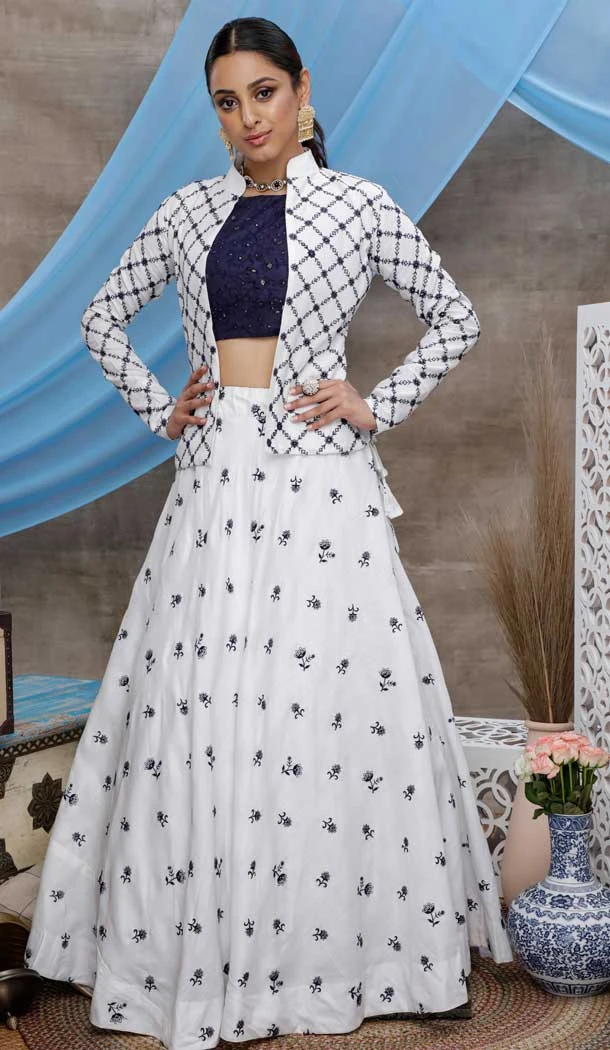 White Color Pure Cotton Designer Fancy Lehenga Choli With Jacket -8435101919