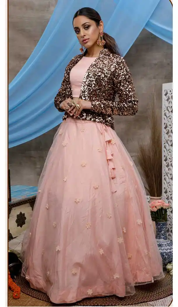 Peach Color Net Designer Fancy Lehenga Choli With Jacket -8435101921