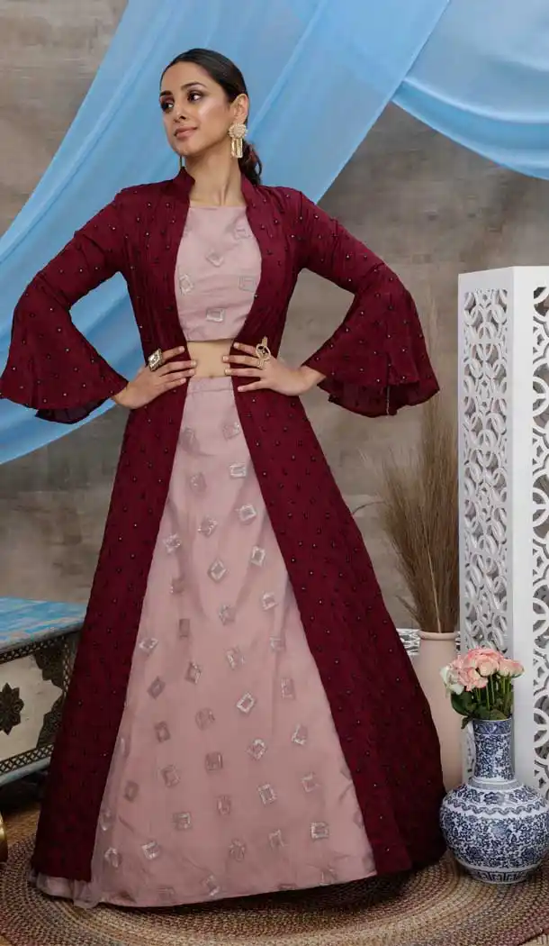 Dusty Pink Color Net Designer Fancy Lehenga Choli With Jacket -8435101922