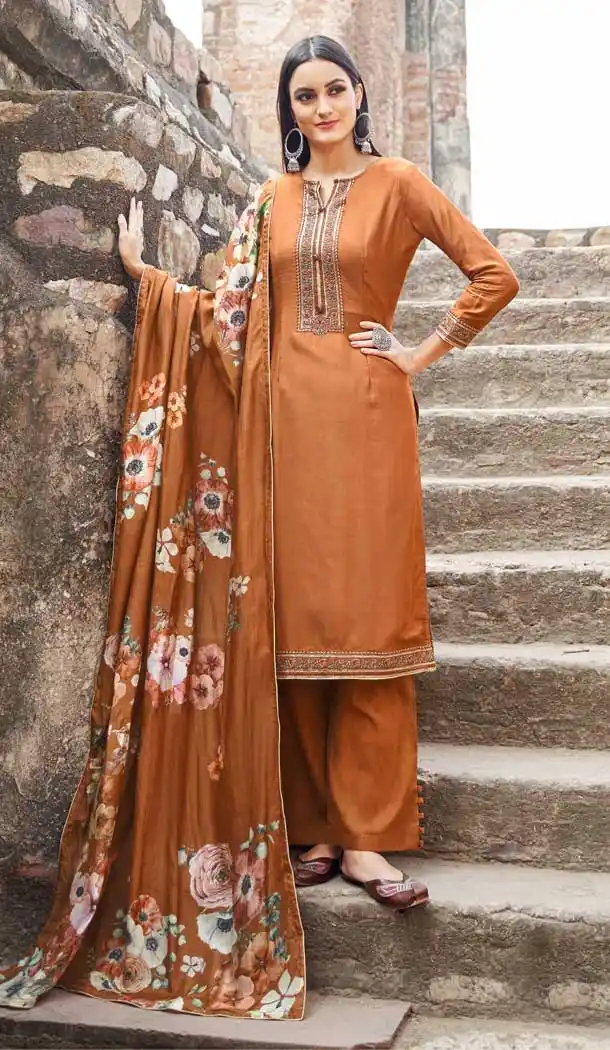 Splendorous Sandstone Color Muslin Designer Party Wear Salwar Suit -8438101936