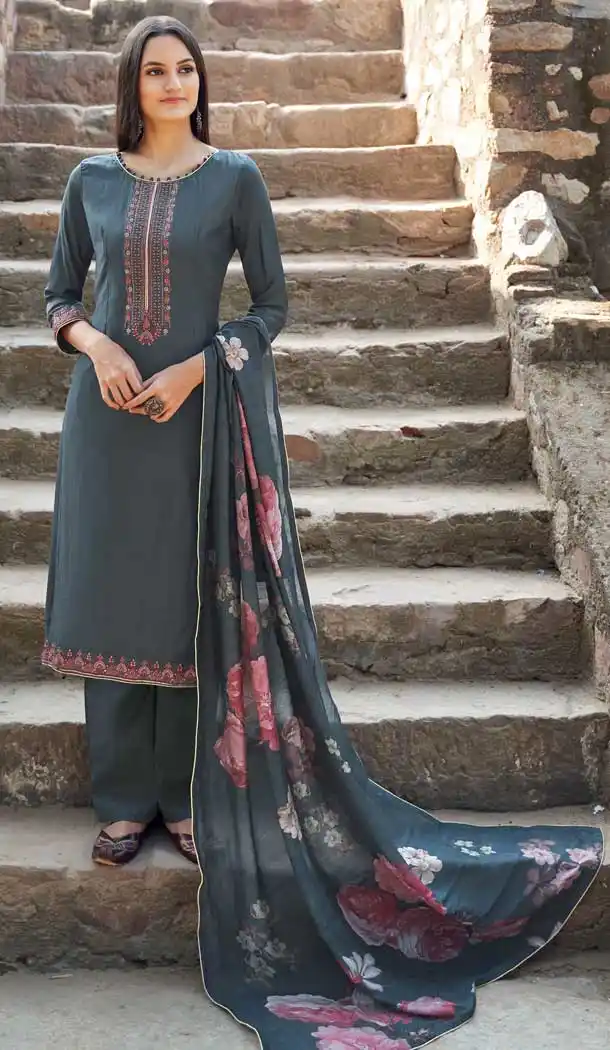 Divine Dark Grey Color Muslin Designer Party Wear Salwar Suit -8438101937