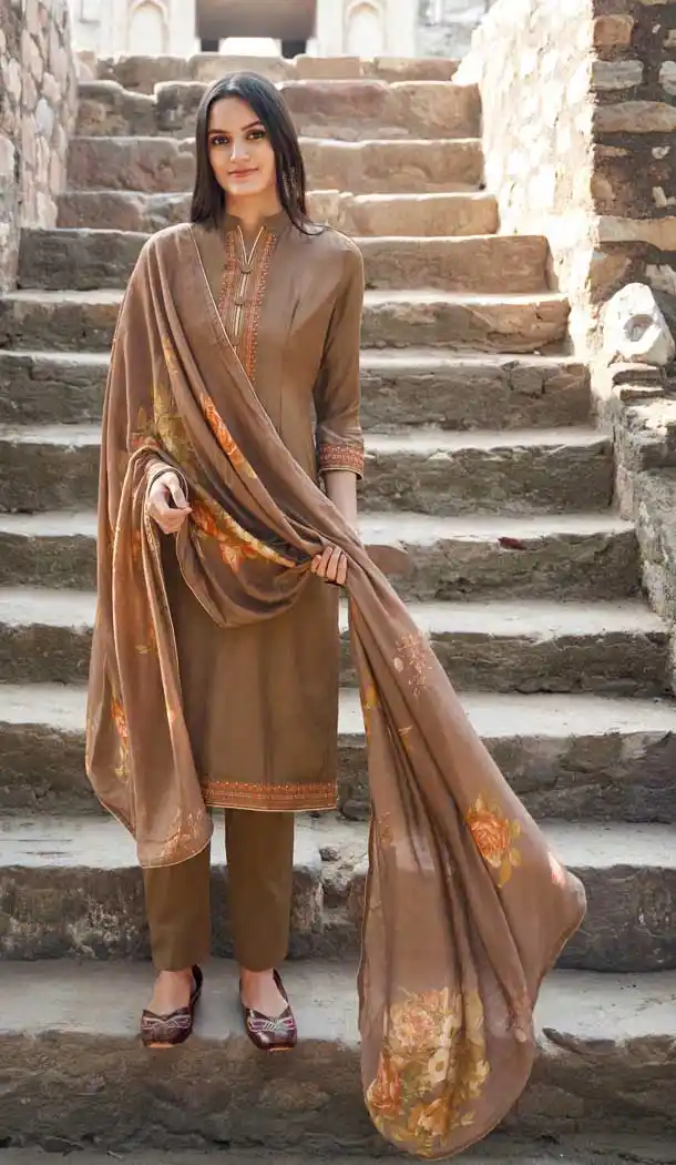 Dark Beige Color Muslin Designer Party Wear Salwar Suit -8438101941