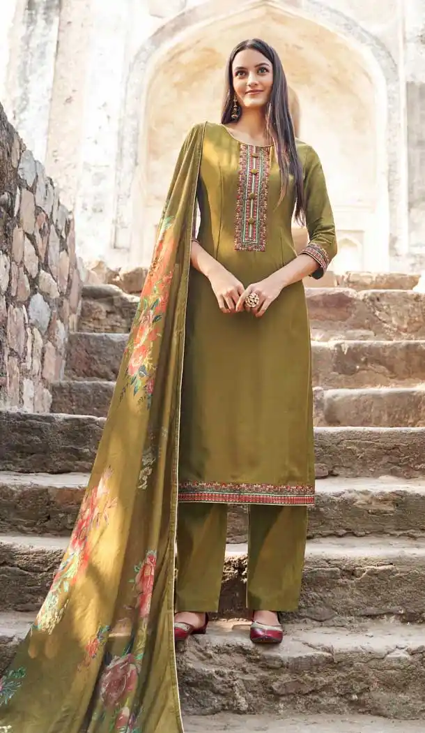 Olive Green Color Muslin Designer Party Wear Salwar Suit -8438101943