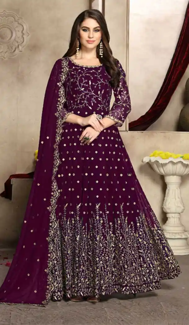 Purple Color Georgette Heavy Designer Party Wear Aanarkali Suit -8444101999