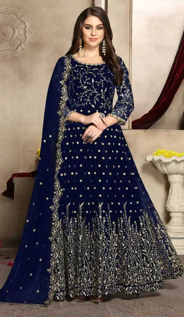 Blue Color Georgette Heavy Designer Party Wear Aanarkali Suit -8444102000