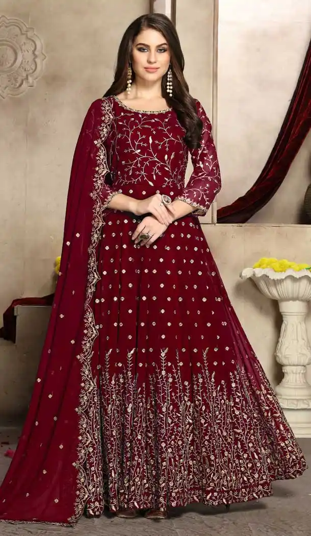 Maroon Color Georgette Heavy Designer Party Wear Aanarkali Suit -8444102001