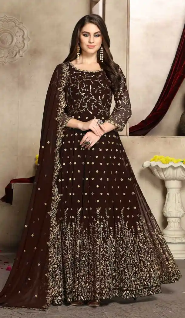 Brown Color Georgette Heavy Designer Party Wear Aanarkali Suit -8444102004