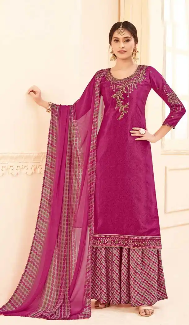 Gleaming Pink Color Pure Crepe Office Party Wear Palazzo Suit -8456102135