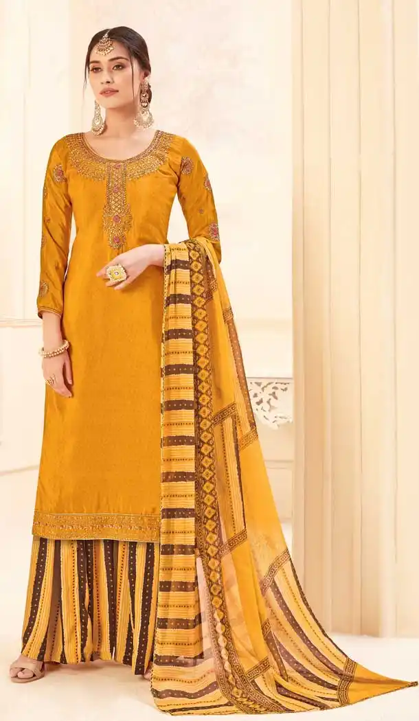 Chic Yellow Color Pure Crepe Office Party Wear Palazzo Suit -8456102136