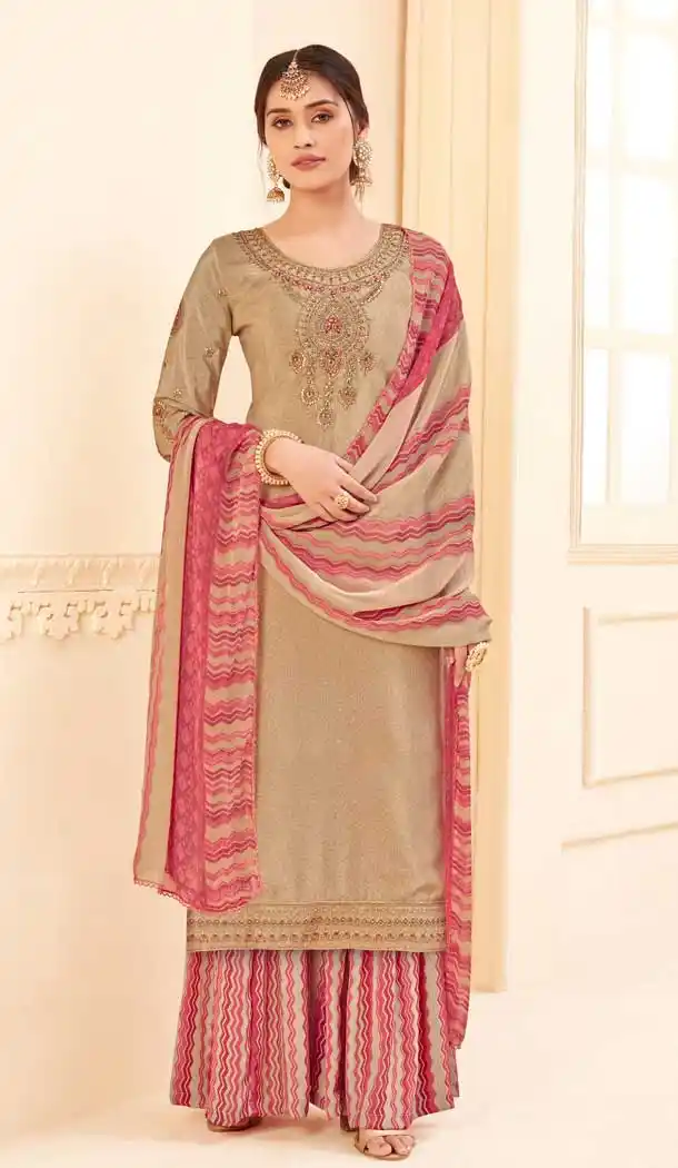 Tantalizing Beige Color Pure Crepe Office Party Wear Palazzo Suit -8456102137
