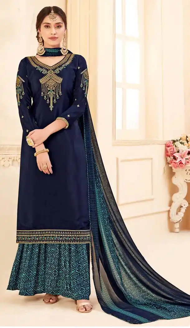 Classy Blue Color Pure Crepe Office Party Wear Palazzo Suit -8456102138