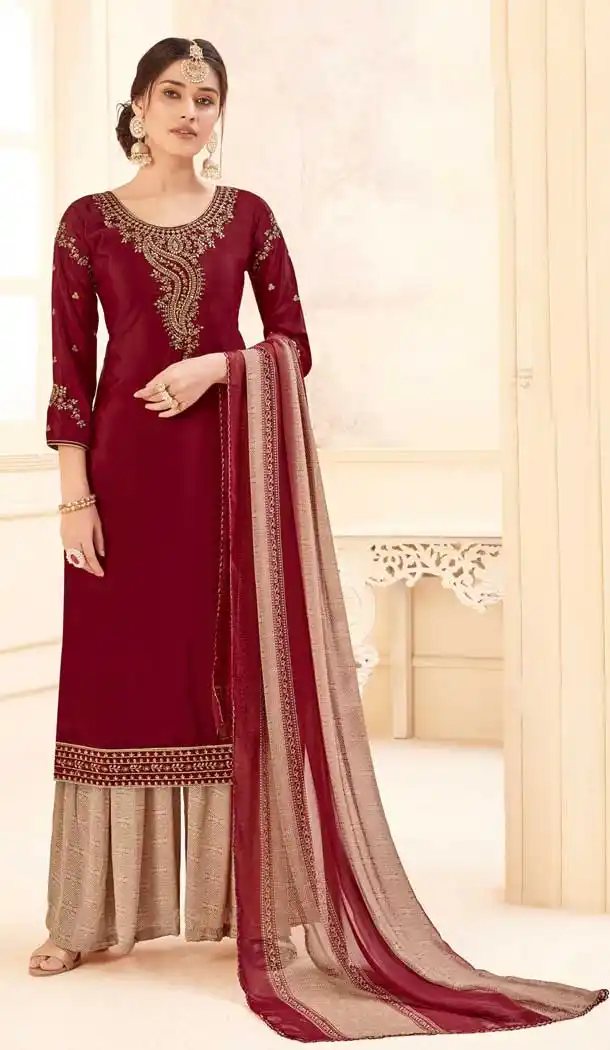 Maroon Color Pure Crepe Office Party Wear Palazzo Suit -8456102139