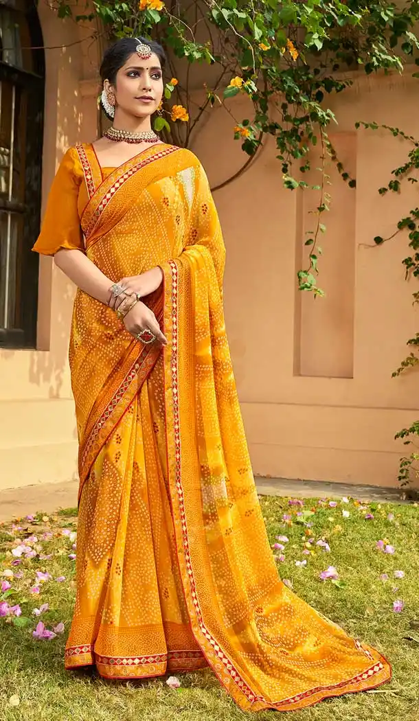 Yellow Color Georgette Traditional Wear Bandhani Style Saree -8463102189