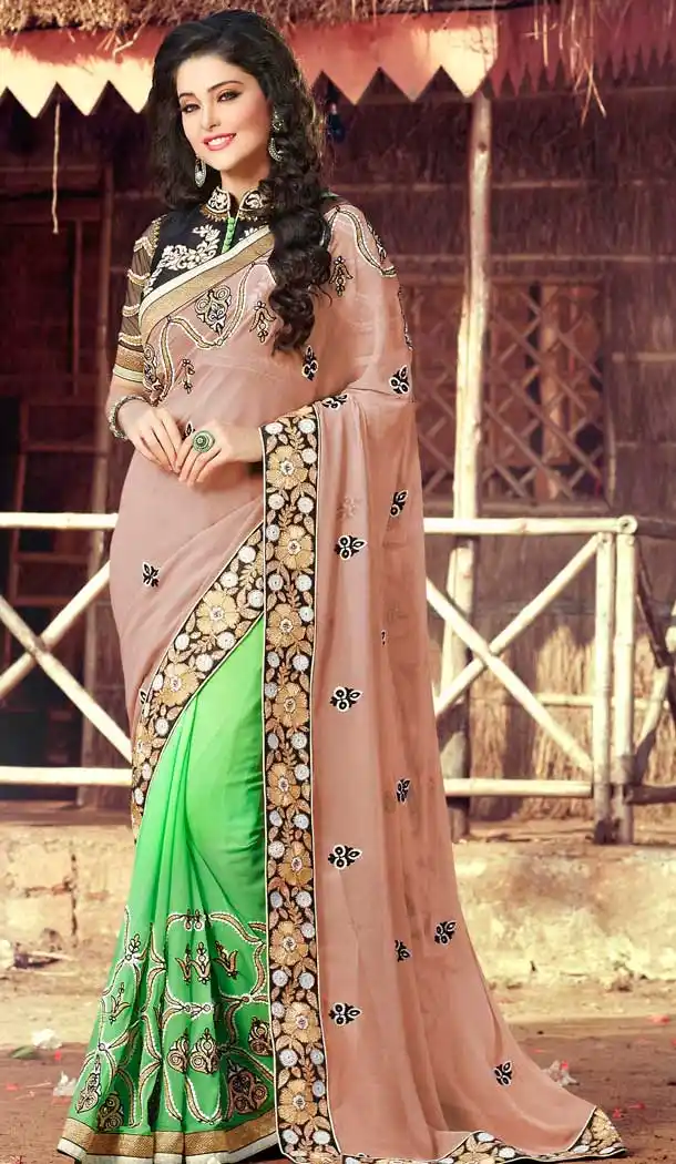 Beige Green Color Georgette Heavy Designer Party Wear Saree -8467102227