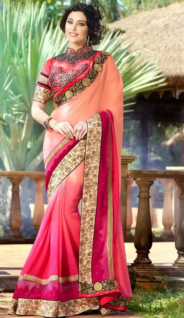 Pink Peach Color Georgette Heavy Designer Party Wear Saree -8467102228