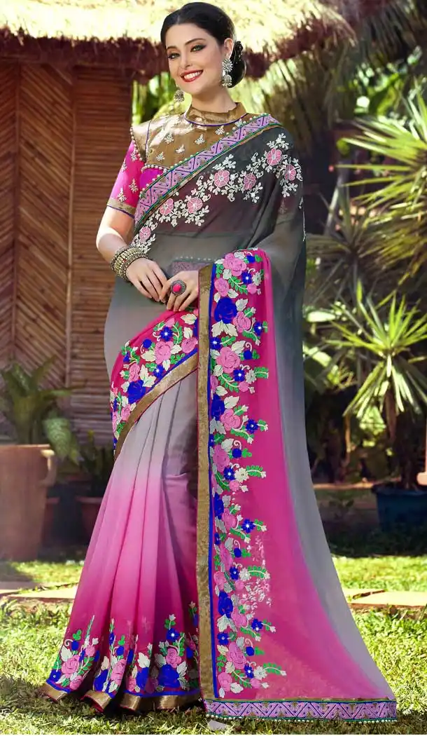 Grey Pink Color Georgette Heavy Designer Party Wear Saree -8467102233