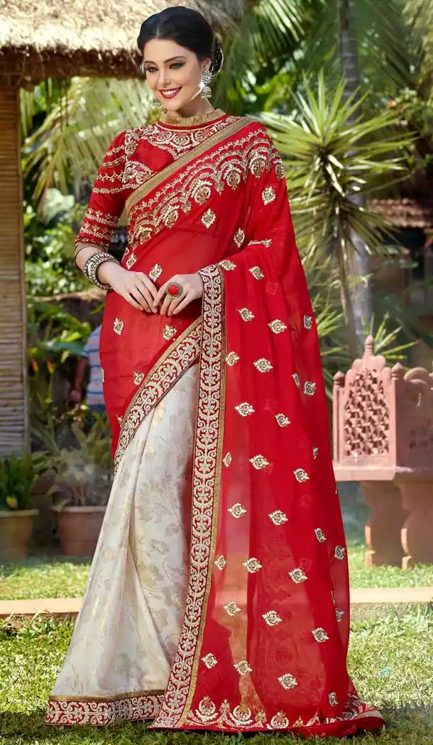 Red White Color Georgette Heavy Designer Party Wear Saree -8467102234