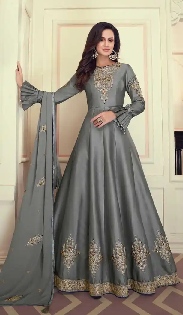 Grey Color Heavy Maslin Silk Party Wear Aanarkali Suit -8477102363