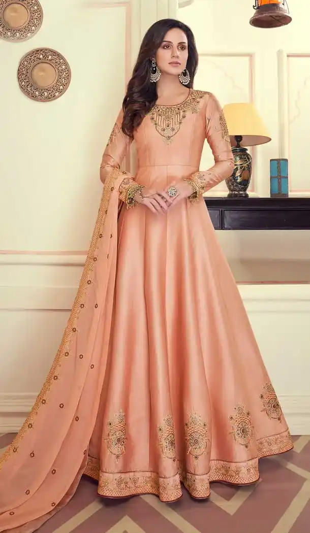 Peach Color Heavy Maslin Silk Party Wear Aanarkali Suit -8477102366