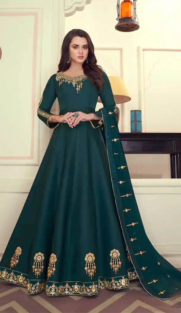 Dark Green Color Heavy Maslin Silk Party Wear Aanarkali Suit -8477102367