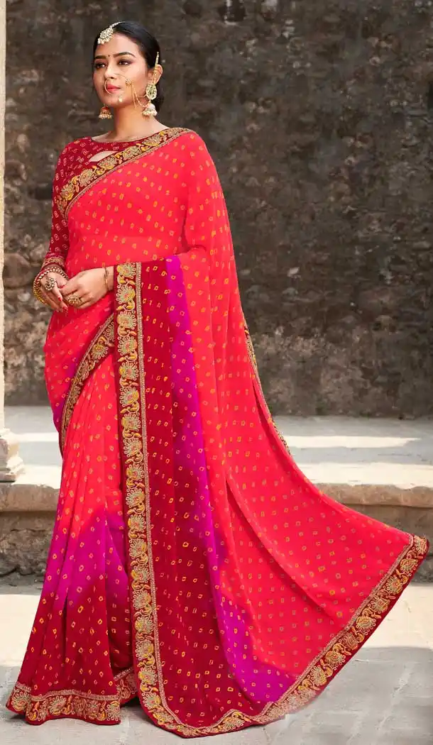 Adorable Coral Color Georgette Designer Bandhani Style Saree -8487102462