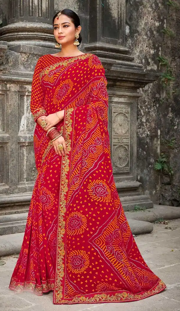 Red Color Georgette Designer Bandhani Style Saree -8487102463