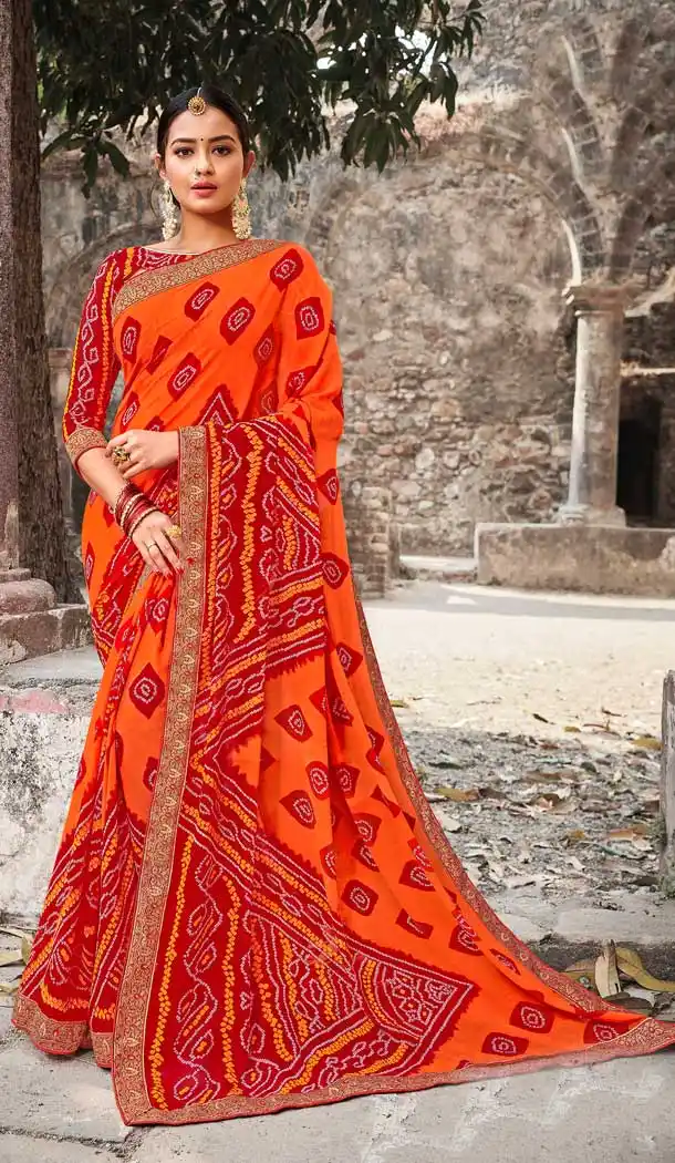 Orange Color Georgette Designer Bandhani Style Saree -8487102464