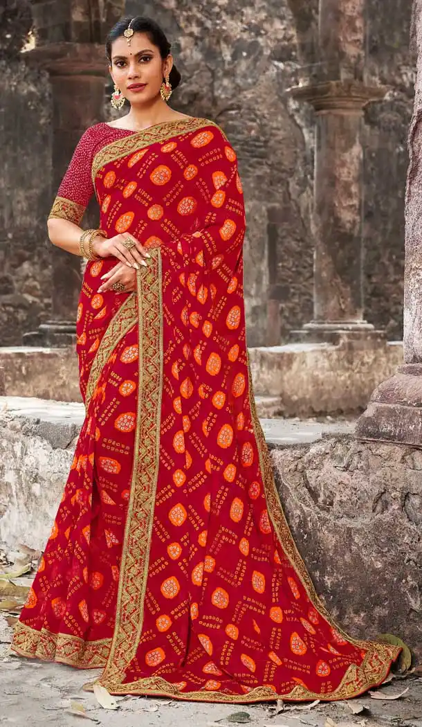Red Color Georgette Designer Bandhani Style Saree -8487102466